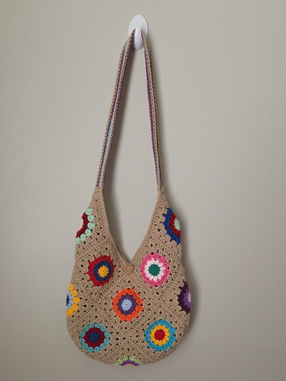 Handmade Beige Crochet Boho Shoulder Bag with Colorful Flower Accents